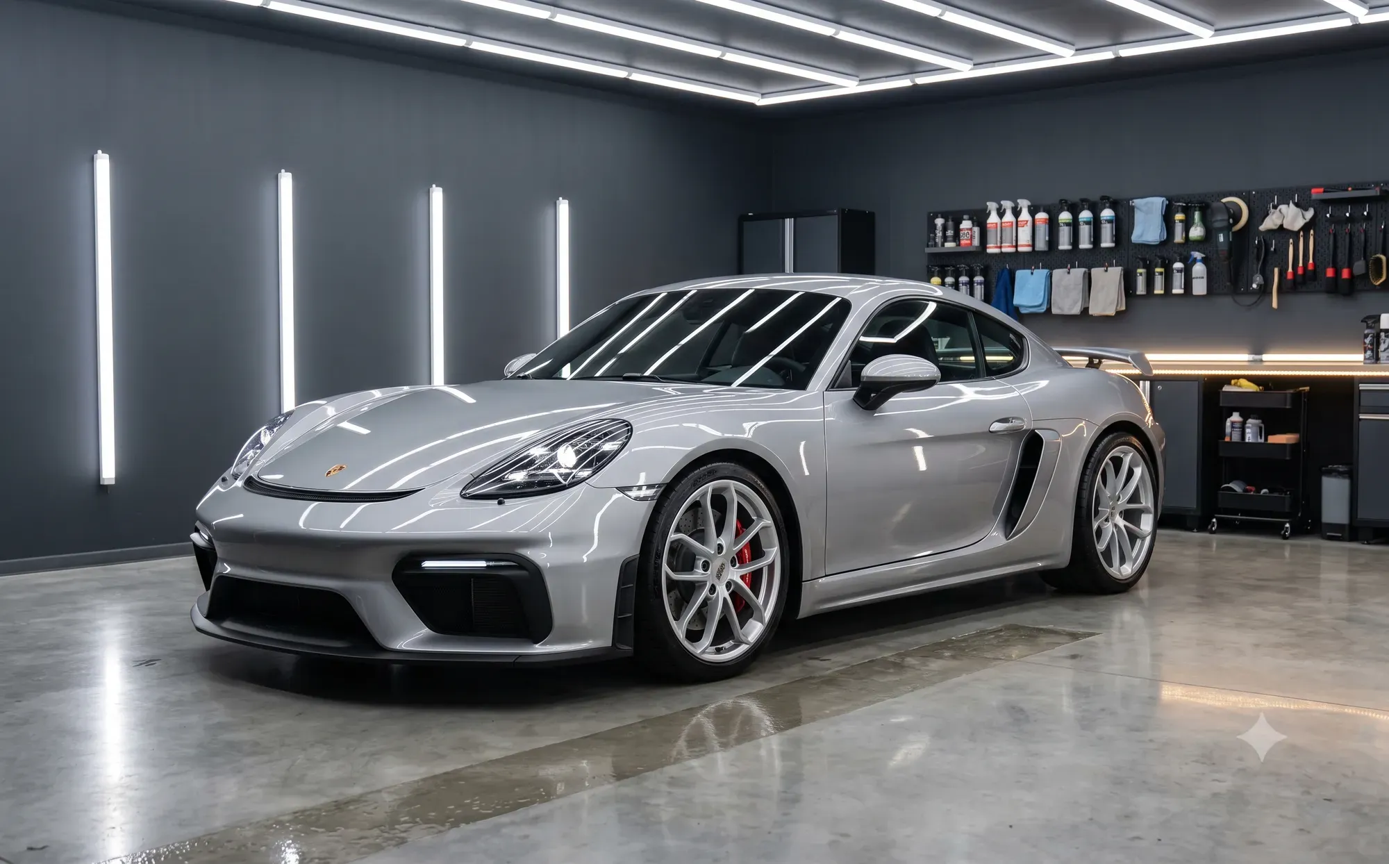 Porsche Cayman po aplikacji powłoki ceramicznej w studiu Auto Lab, lakier z lustrzanym połyskiem