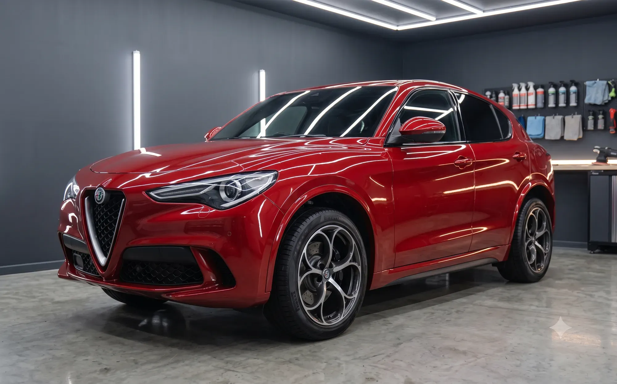 Alfa Romeo Stelvio zabezpieczone bezbarwną folią ochronną PPF w studiu Auto Lab