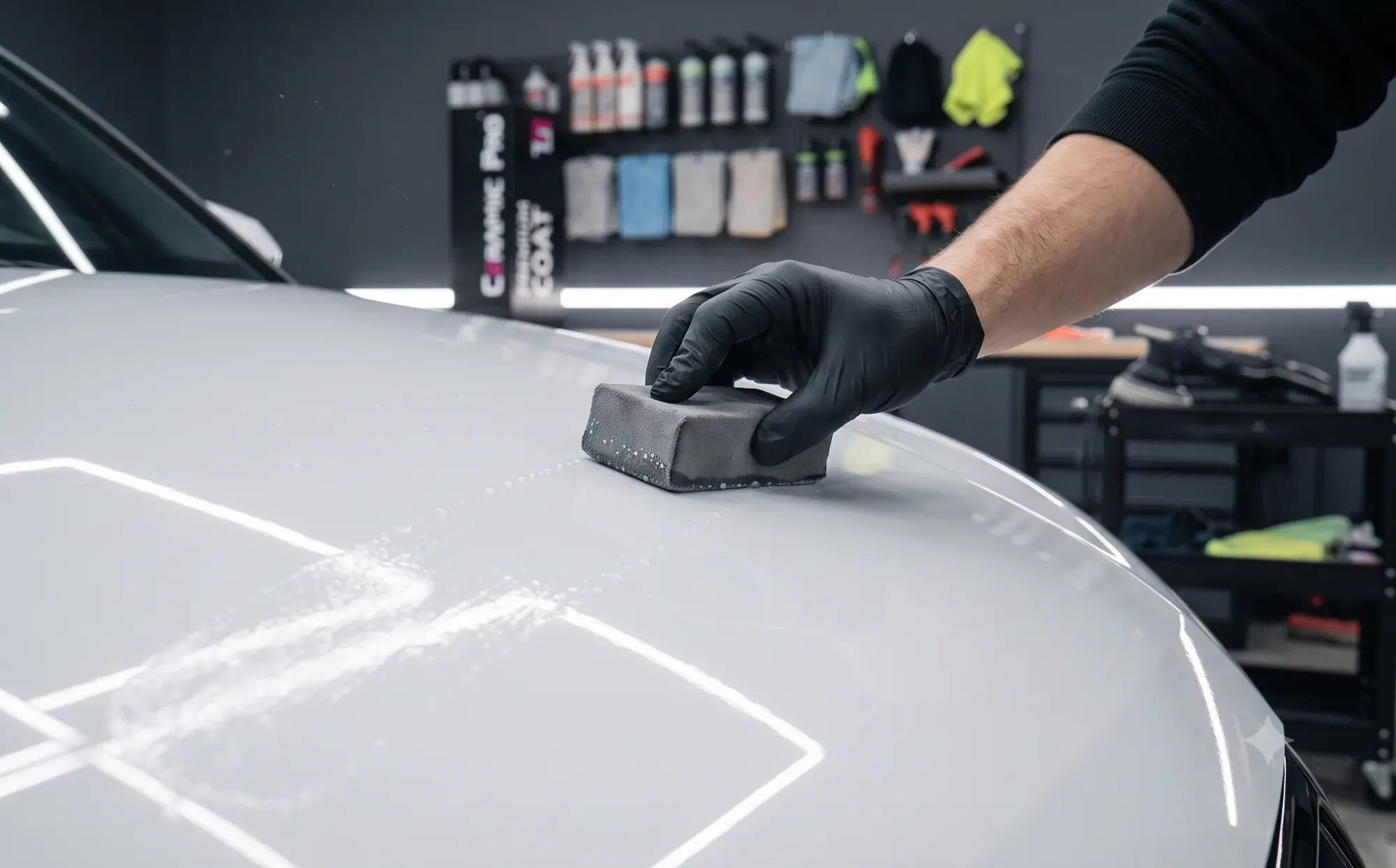 Detailer nakłada powłokę chryzoberylową na białe nadwozie w studiu Auto Lab