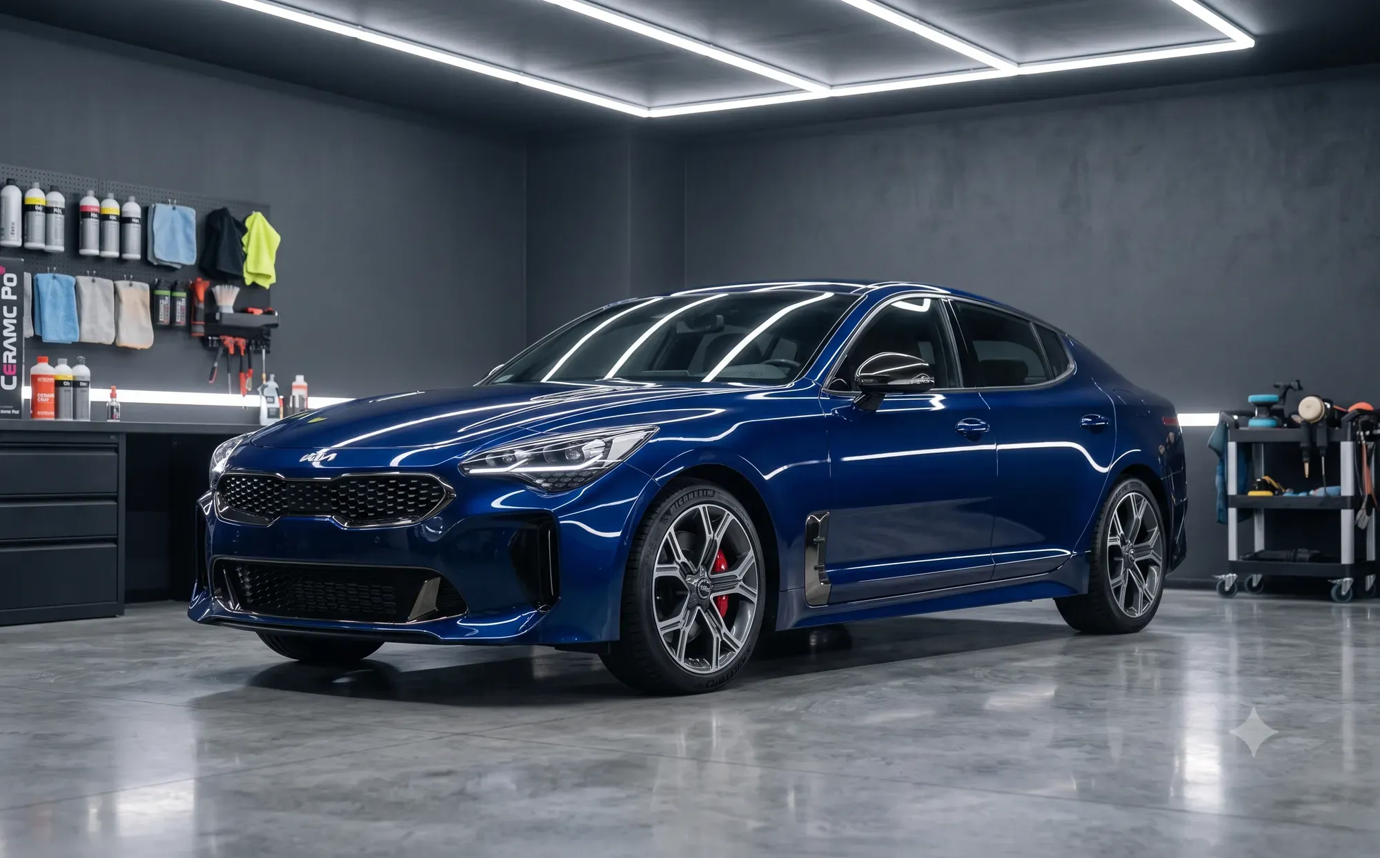 Niebieska Kia Stinger GT w ujęciu trzy czwarte, lakier lśniący po powłoce elastomerowej