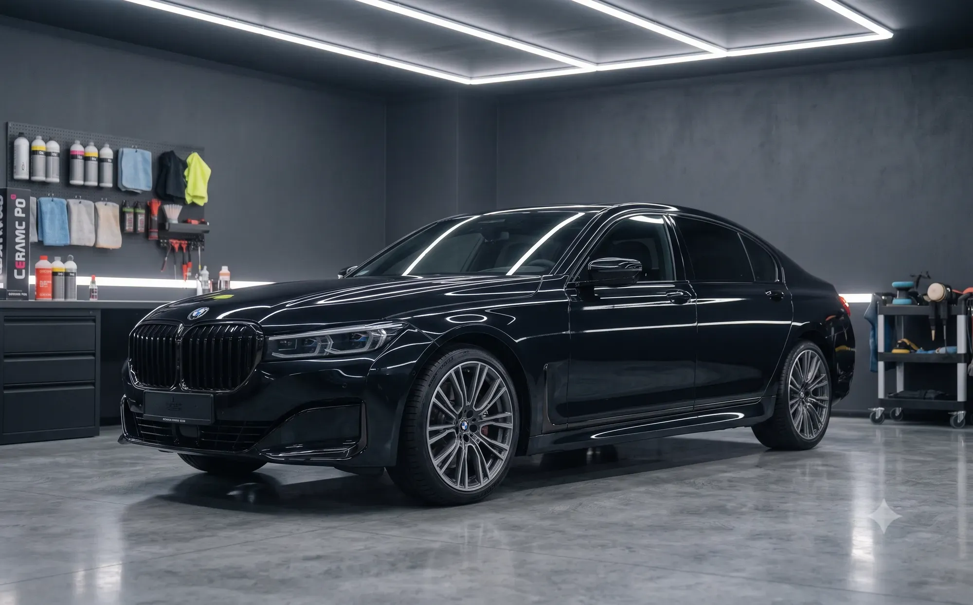 Czarne BMW serii 7 w ujęciu trzy czwarte po pakiecie bieżącej pielęgnacji