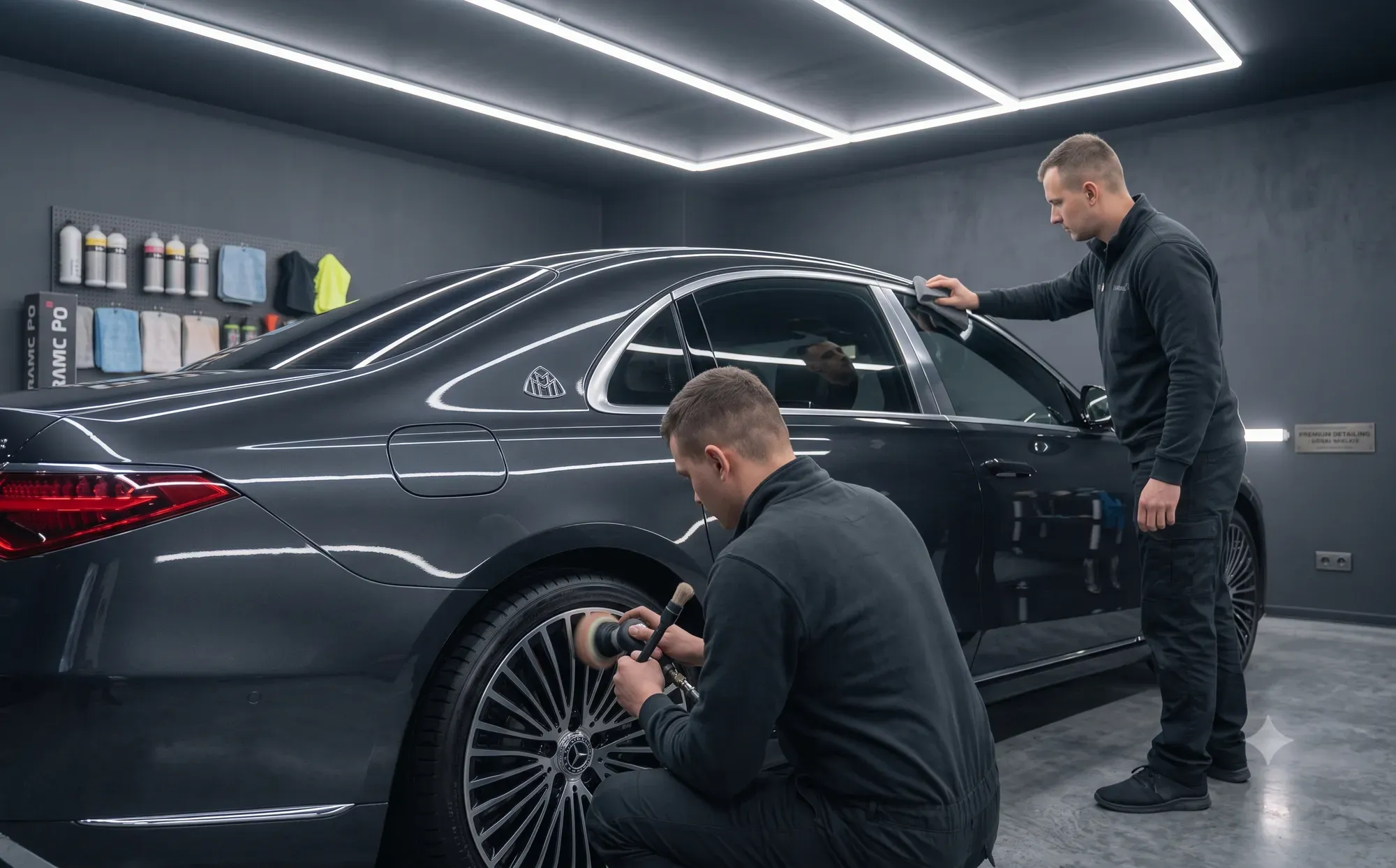 Właściciel Auto Lab polerujący biały samochód w studiu detailingowym